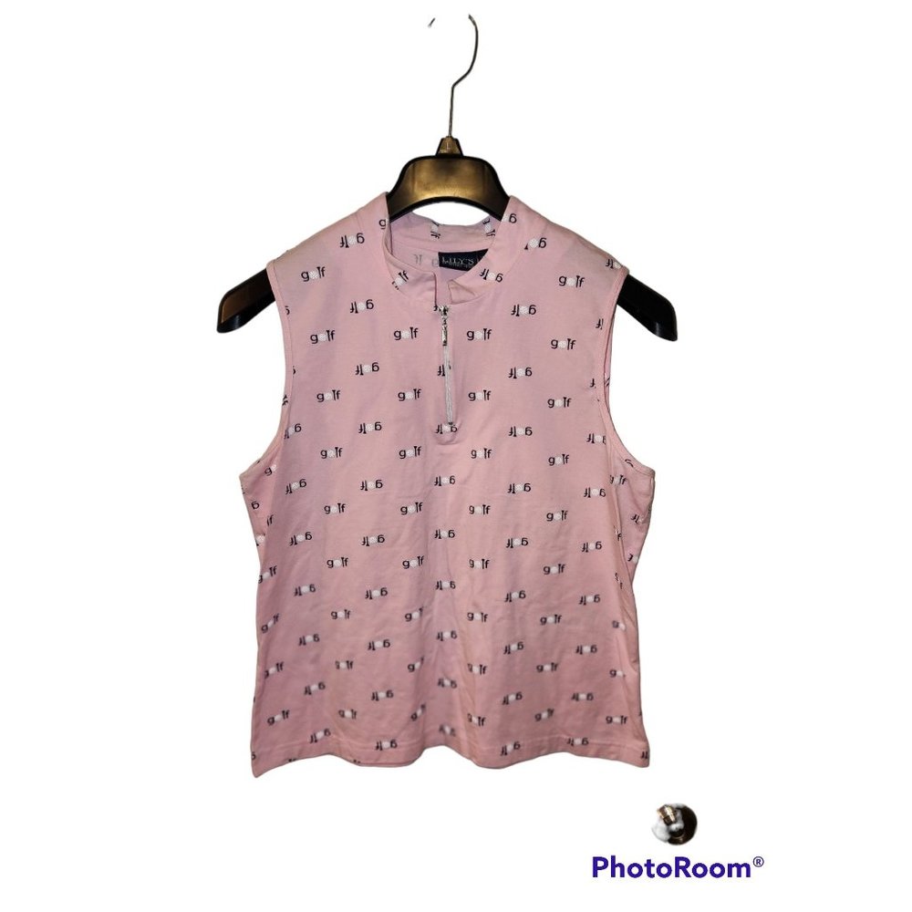 Lilys Of Beverly Hills Size XL Golf Shirt Sleeveless Zip V Neck Pink Balls Tees